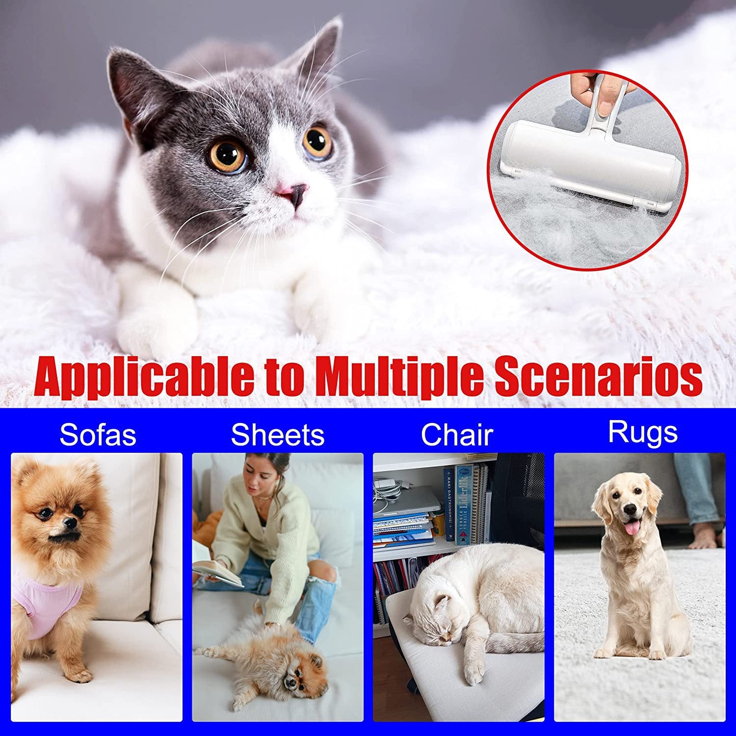 PureGlow reusable pet hair remover roller with ergonomic handle and sticky sheets for easy pet hair removal on furniture and clothing.
