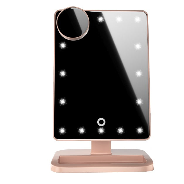 LuxeGlow Essentials touch screen makeup mirror with 20 LED lights, Bluetooth speaker, and 10X magnification for beauty and personal care.