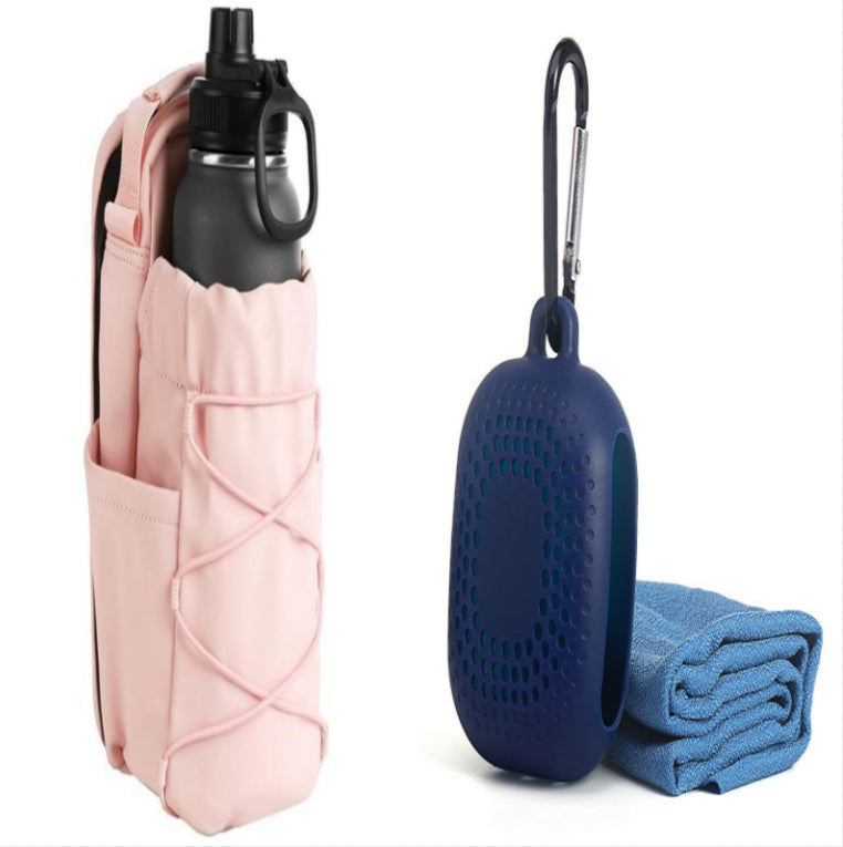 PureGlow magnetic gym water bottle bag attached to fitness equipment, designed for convenient hydration during workouts.