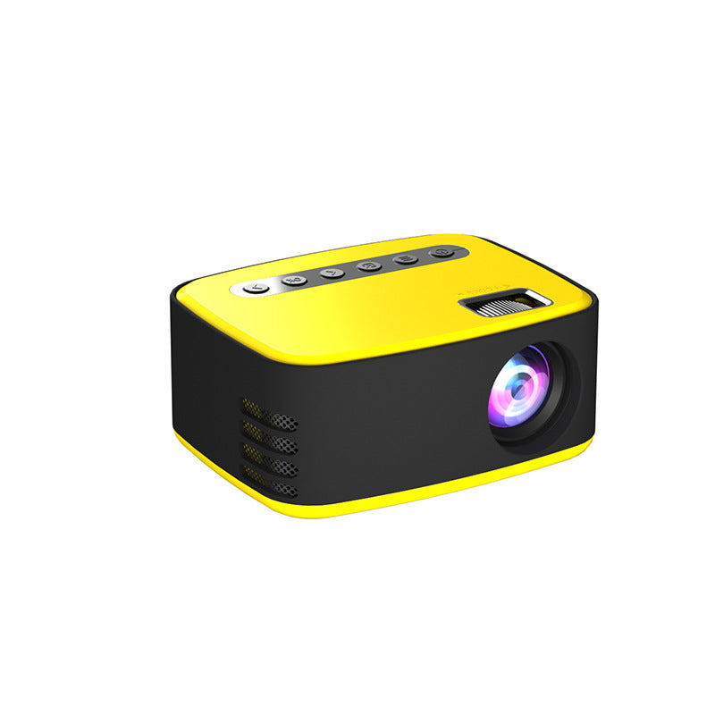 Mini Portable 1080P HD Projector by PureGlow showing compact design and projection lens for home entertainment.