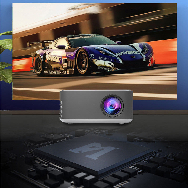 Mini Portable 1080P HD projector by PureGlow for home electronics, showing compact design and projection lens.
