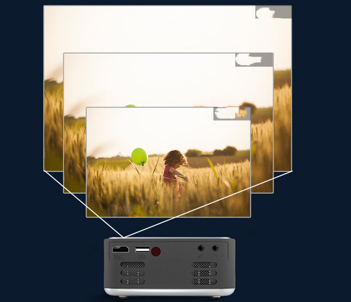 Mini Portable 1080P HD projector by PureGlow showing a compact device projecting bright images onto a wall.