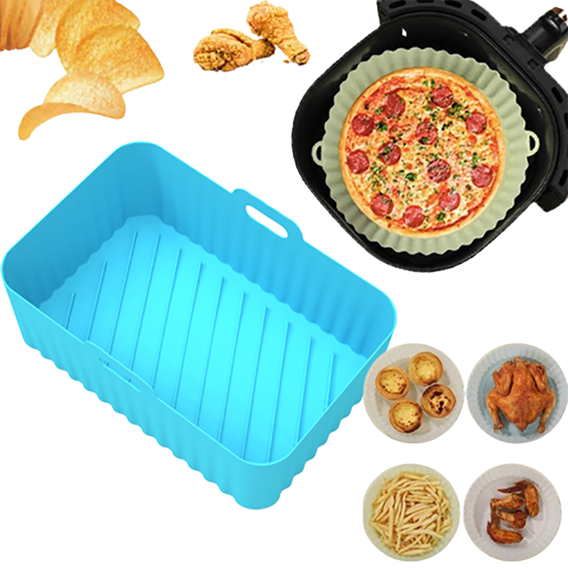 PureGlow reusable air fryer silicone liner in yellow, shaped to fit inside a kitchen air fryer for easy cooking and cleaning.