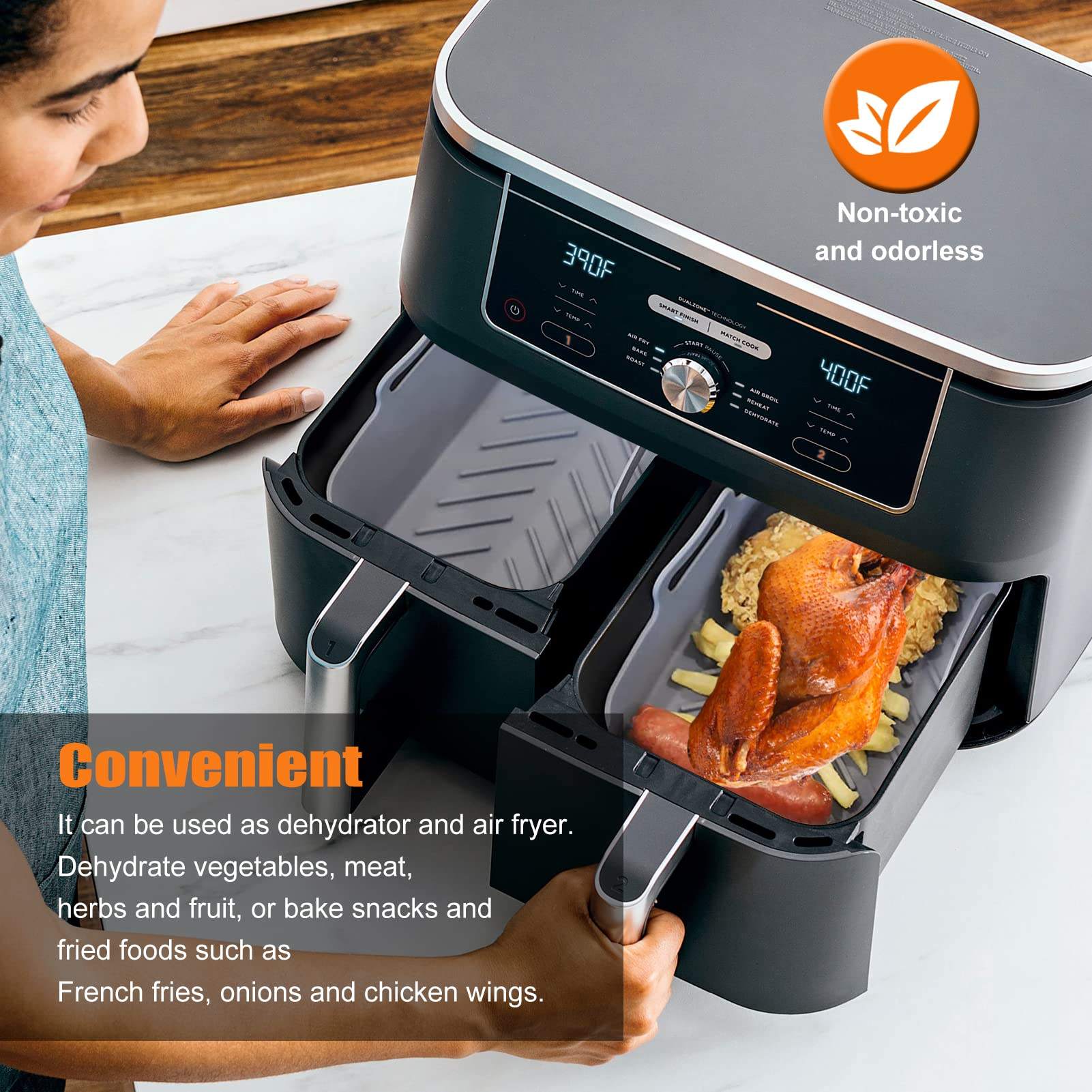 PureGlow reusable air fryer silicone liner in a kitchen setting, showing flexible, non-stick silicone material for easy cooking and cleanup.