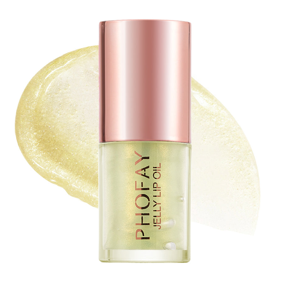 LuxeGlow Essentials PHOFAY Jelly Lip Oil in a clear container, showcasing the glossy, hydrating lip oil product.