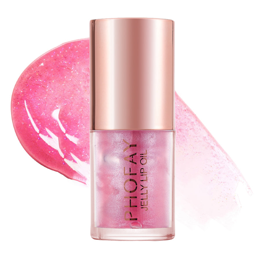 LuxeGlow Essentials PHOFAY Jelly Lip Oil in a clear tube with a doe-foot applicator, glossy and hydrating for soft lips.