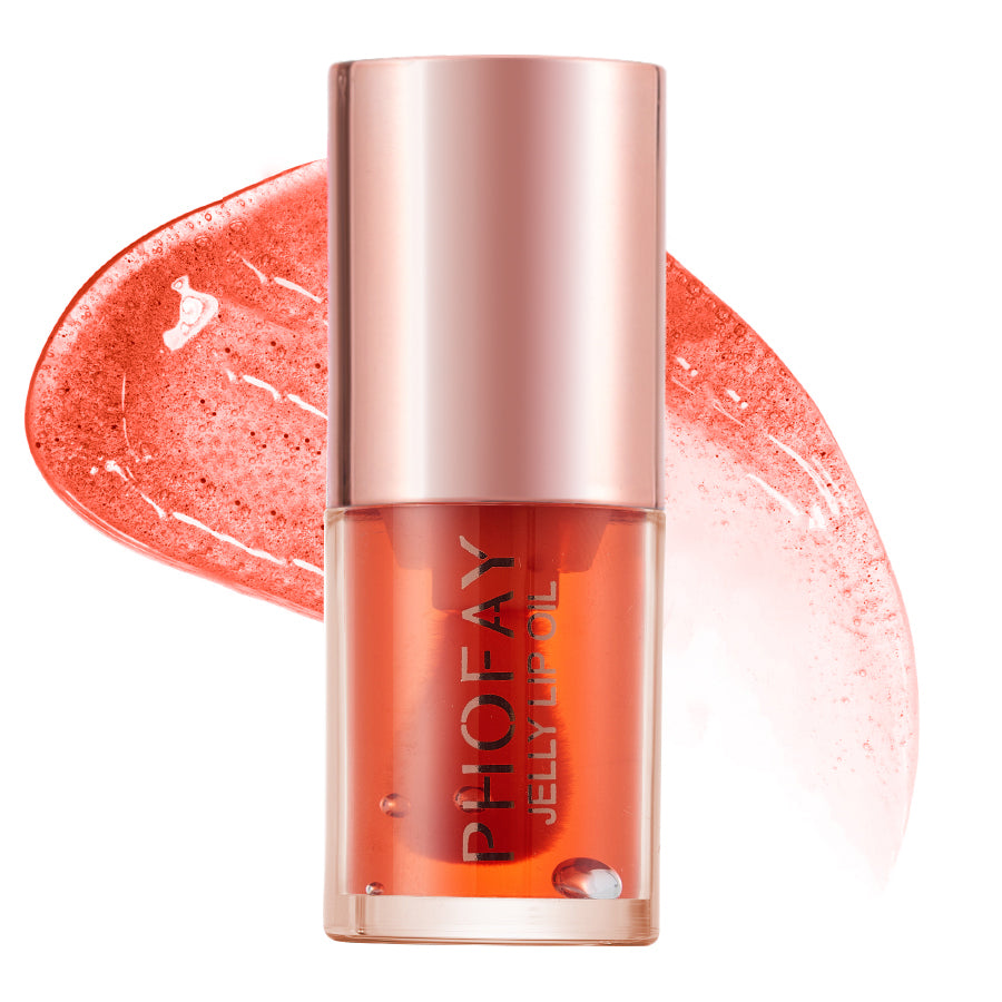 LuxeGlow Essentials PHOFAY Jelly Lip Oil in a clear tube with a silver cap, showcasing its glossy, moisturizing formula.
