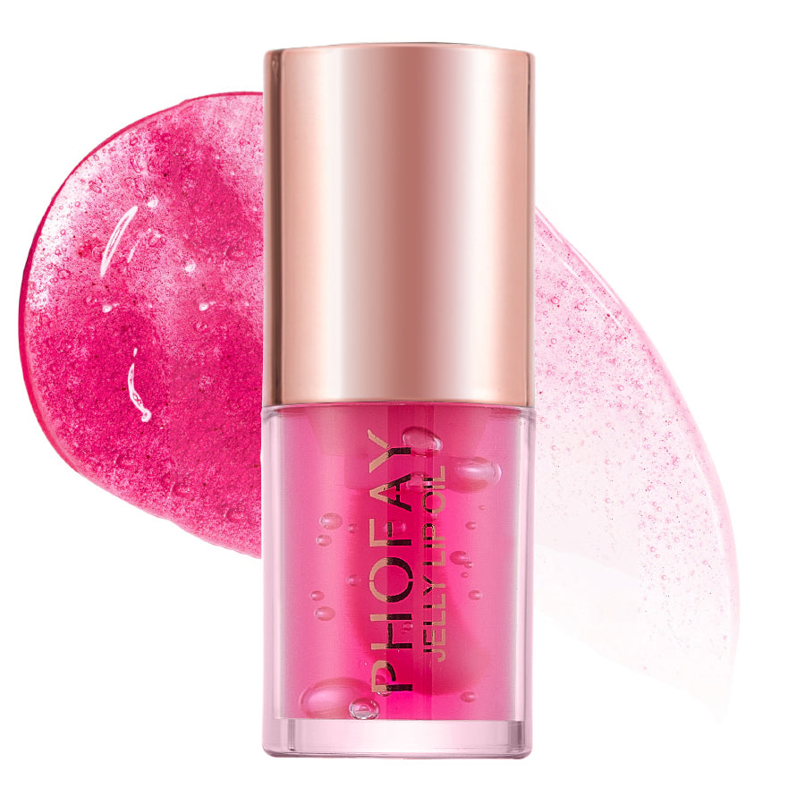 LuxeGlow Essentials PHOFAY Jelly Lip Oil in a clear container with a doe-foot applicator, featuring a glossy, hydrating lip treatment.