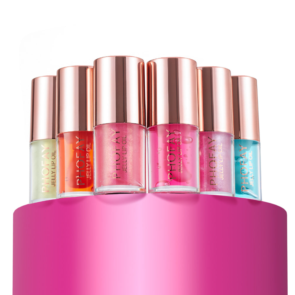 LuxeGlow Essentials PHOFAY Jelly Lip Oil in a clear jar with a silver lid, showcasing its glossy, hydrating formula for lips.