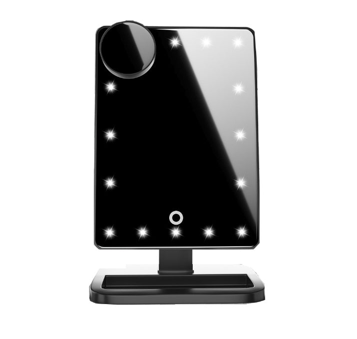 LuxeGlow Essentials touch screen makeup mirror with 20 LED lights, Bluetooth speaker, and 10x magnification for beauty and personal care.