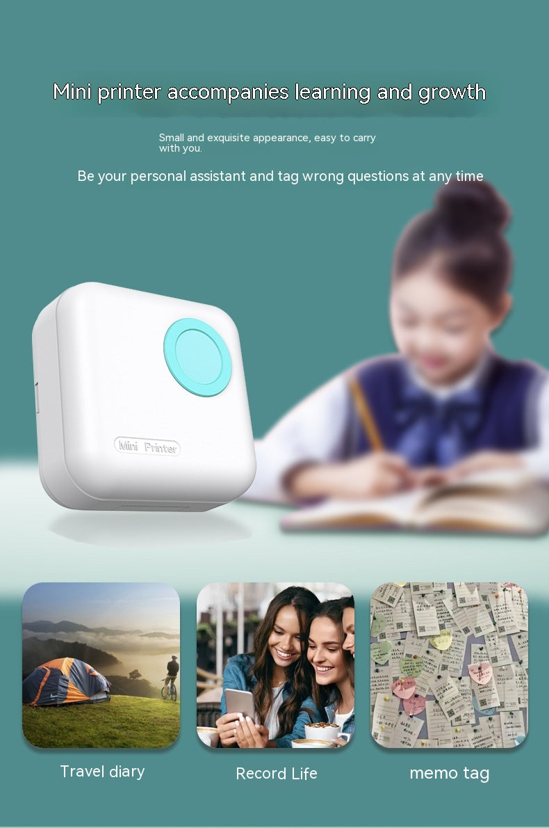 PureGlow mini thermal printer showing small portable photo printer with paper roll and compact design.
