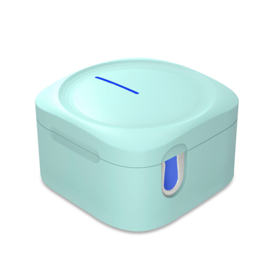PureGlow UV toothbrush sterilizer box for oral care, featuring a compact, white plastic case with UV light technology for sanitizing toothbrushes.