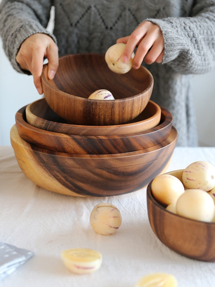 Natural wooden kitchen fruit and salad bowl by LuxeGlow Essentials, perfect for home or restaurant use, with visible wood grain details.