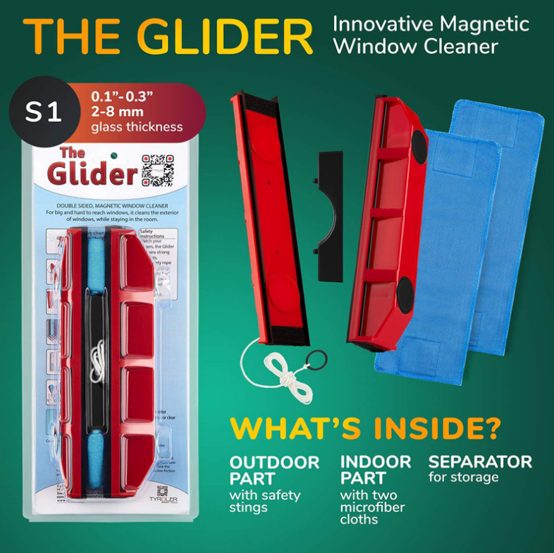 PureGlow magnetic window cleaner tool with double-sided design for easy cleaning of glass and window surfaces.
