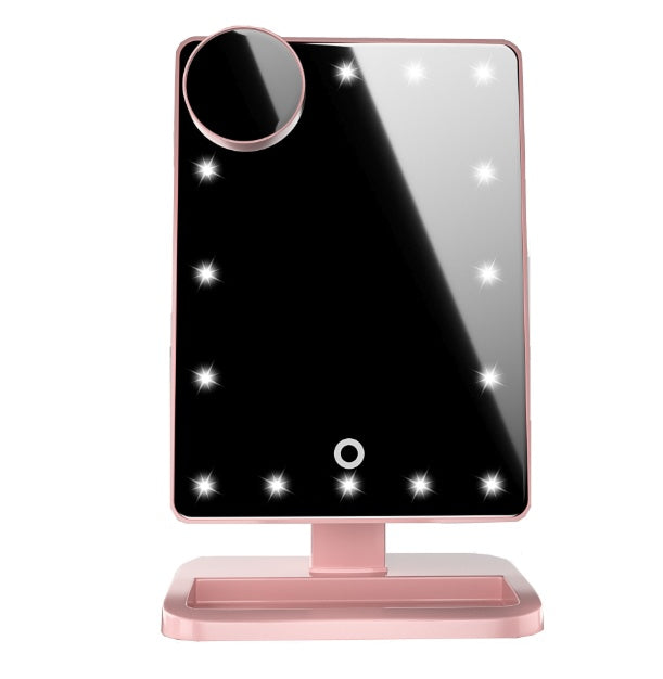 LuxeGlow Essentials touch screen makeup mirror with 20 LED lights, Bluetooth speaker, and 10x magnification for beauty and personal care.