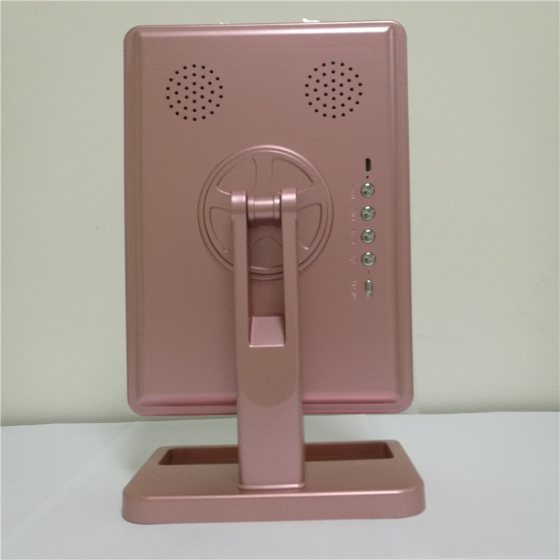 LuxeGlow Essentials touch screen makeup mirror with 20 LED lights, Bluetooth speaker, and 10X magnification for beauty and personal care.
