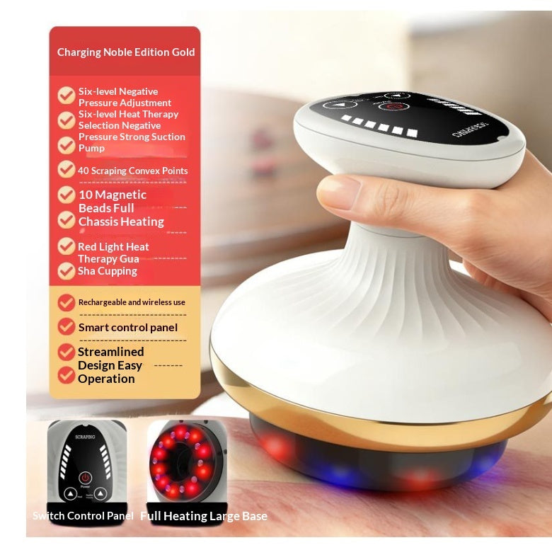 LuxeGlow Essentials electric Gua Sha board and cupping device for facial and body massage, featuring sleek design and ergonomic handle.