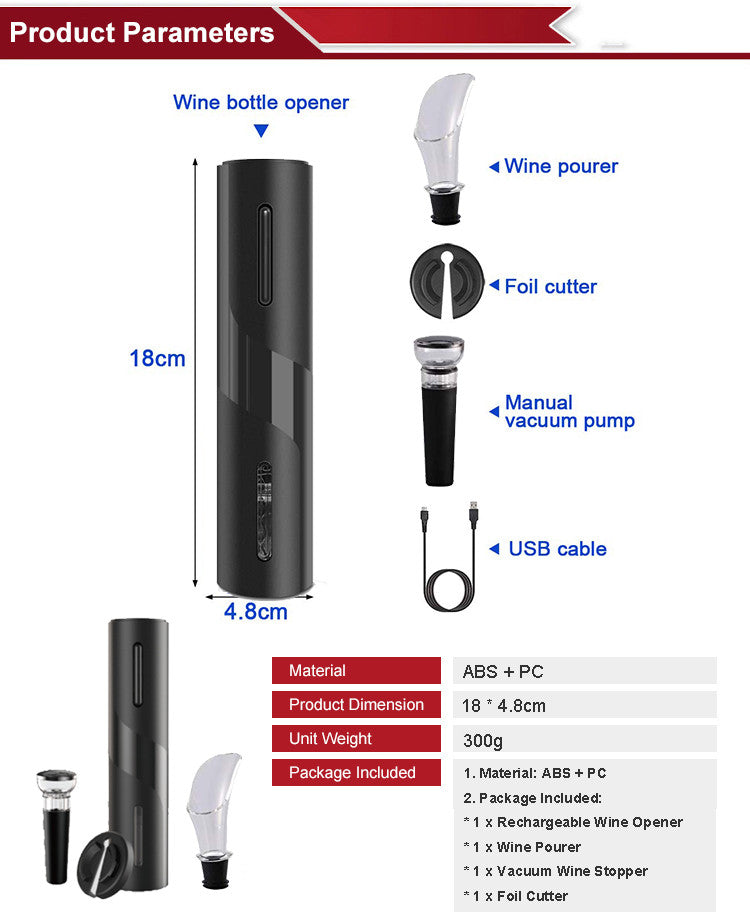 PureGlow rechargeable electric wine opener with sleek black handle and foil cutter, perfect for effortless wine opening at home.