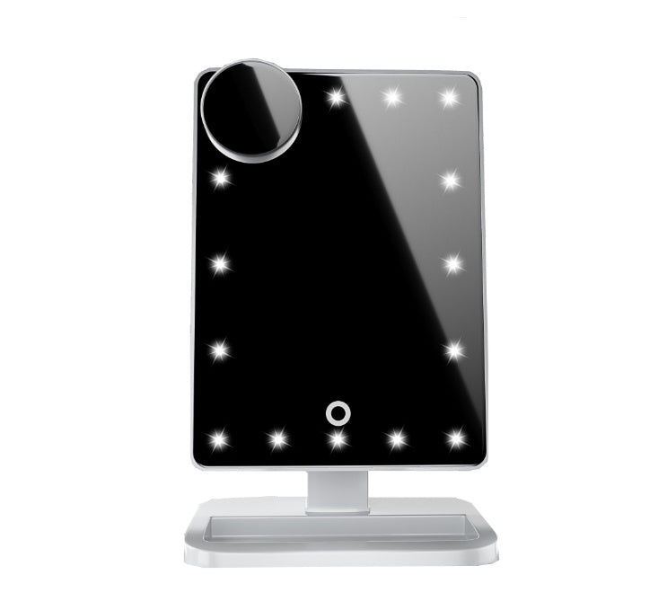 LuxeGlow Essentials touch screen makeup mirror with 20 LED lights, Bluetooth speaker, and 10X magnification in a beauty and personal care setting.