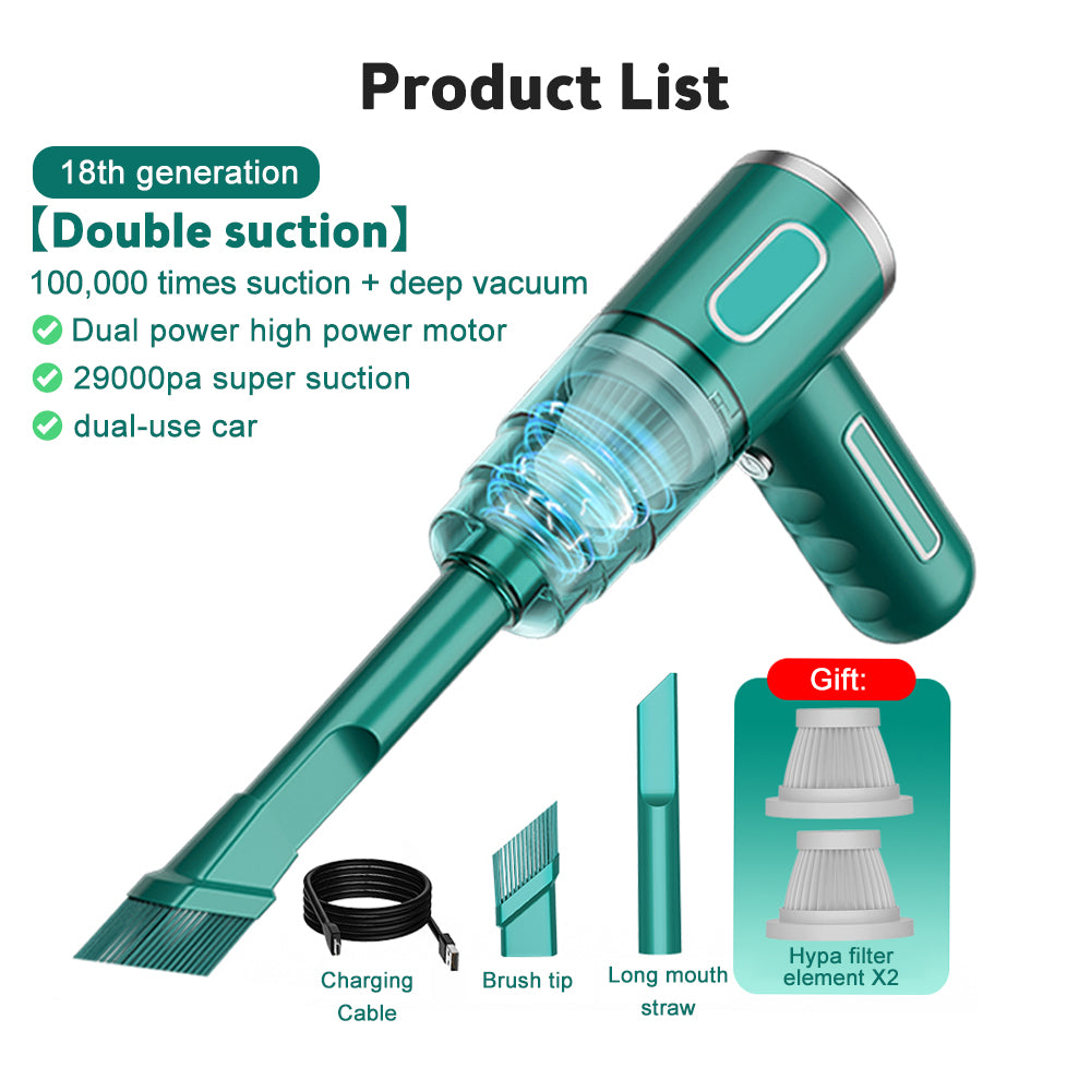 PureGlow portable car vacuum cleaner shown with compact design and hose attachment, ideal for car interior cleaning and detailing.