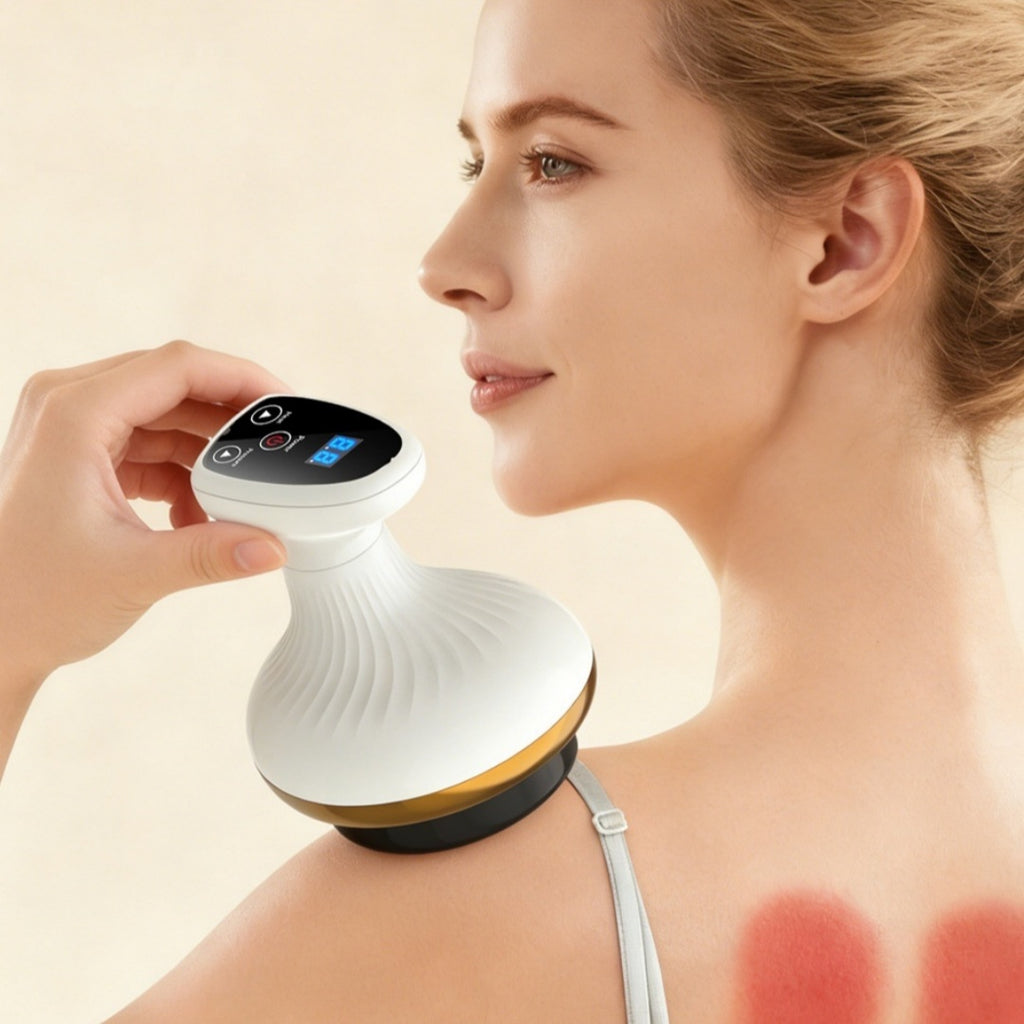 LuxeGlow Essentials electric Gua Sha board and cupping device for facial and body massage, showing the black massager on a white surface
