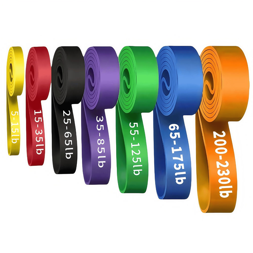 PureGlow Fitness Resistance Bands Set with multiple colorful elastic exercise bands for strength training and workout routines.