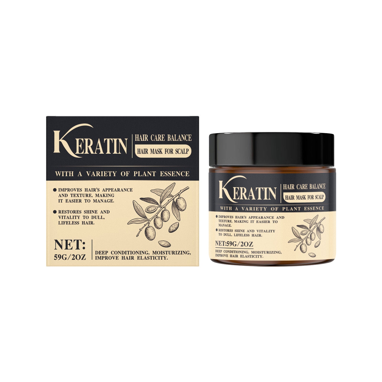 PureGlow keratin hair treatment mask for nourishing and smoothing hair, shown in a stylish hair care product container.