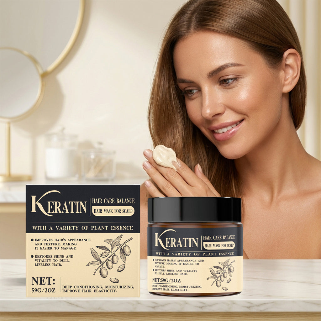 PureGlow keratin hair treatment mask for nourishing and smoothing hair, shown in a sleek jar with a creamy texture.