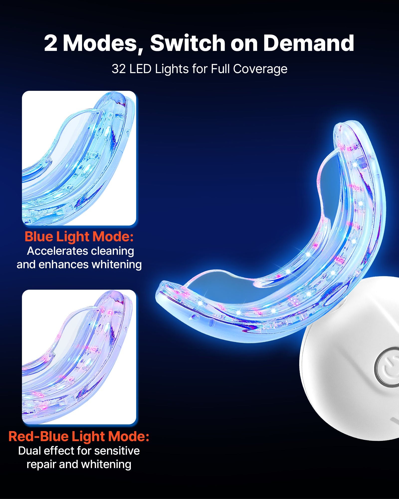 PureGlow LED teeth whitening kit with 32 accelerator lights, featuring a sleek oral care device for brighter smiles.