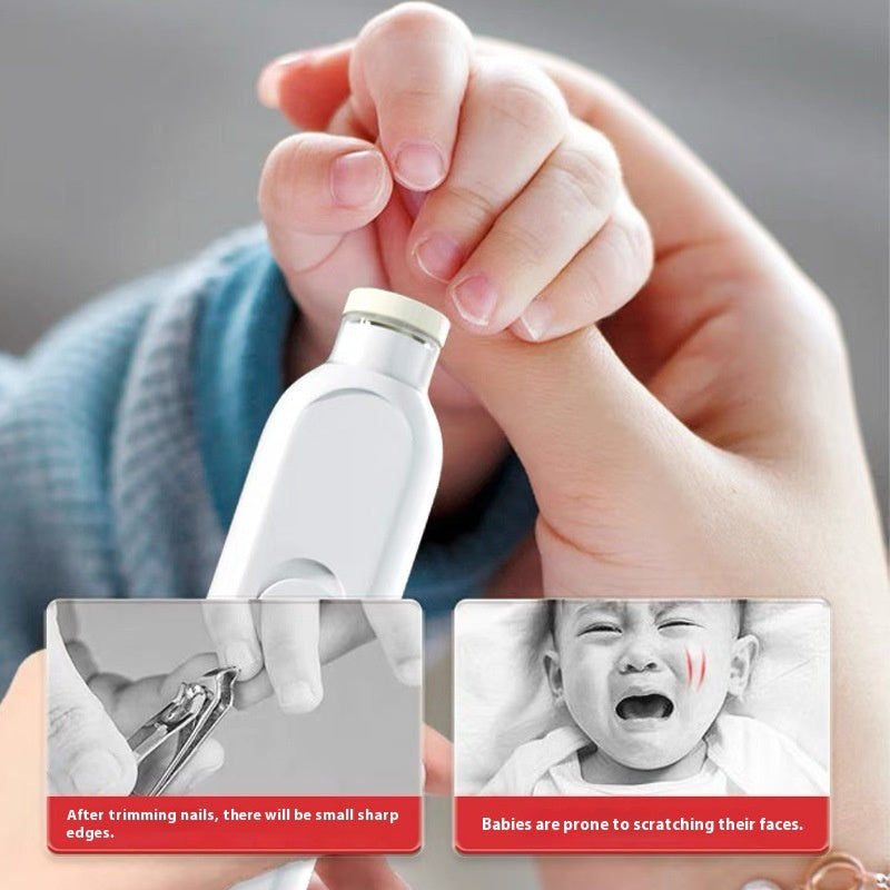 PureGlow electric baby nail trimmer with soft grinding head, designed for gentle infant nail care in a baby care setting.