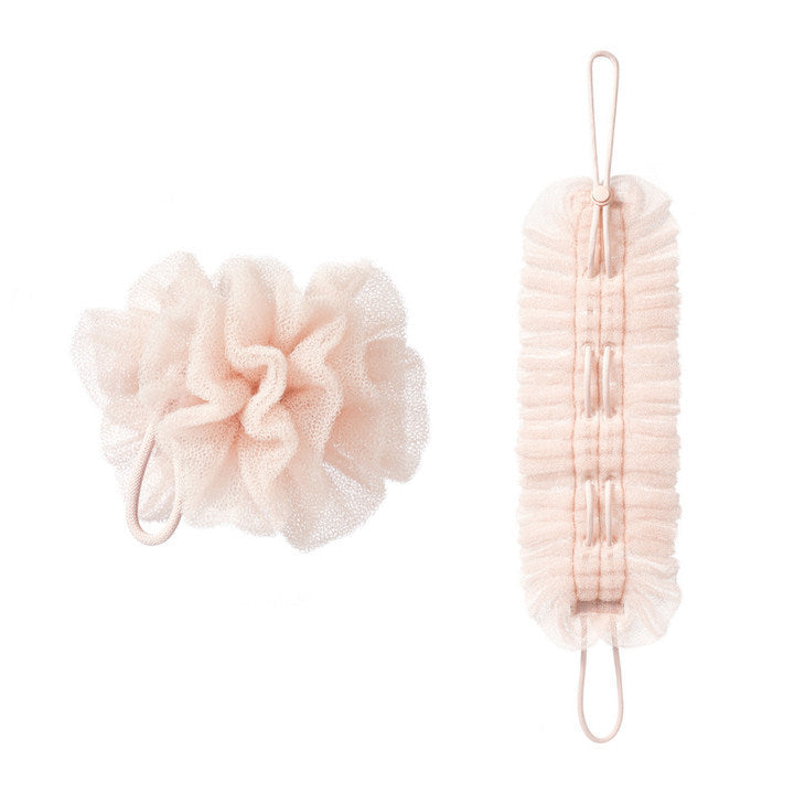 Stretchable Loofah Bath Towel from PureGlow, soft and flexible bath accessory for gentle exfoliation and drying.