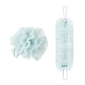 PureGlow stretchable loofah bath towel in use, showing its soft, flexible texture and size as a bath accessory.