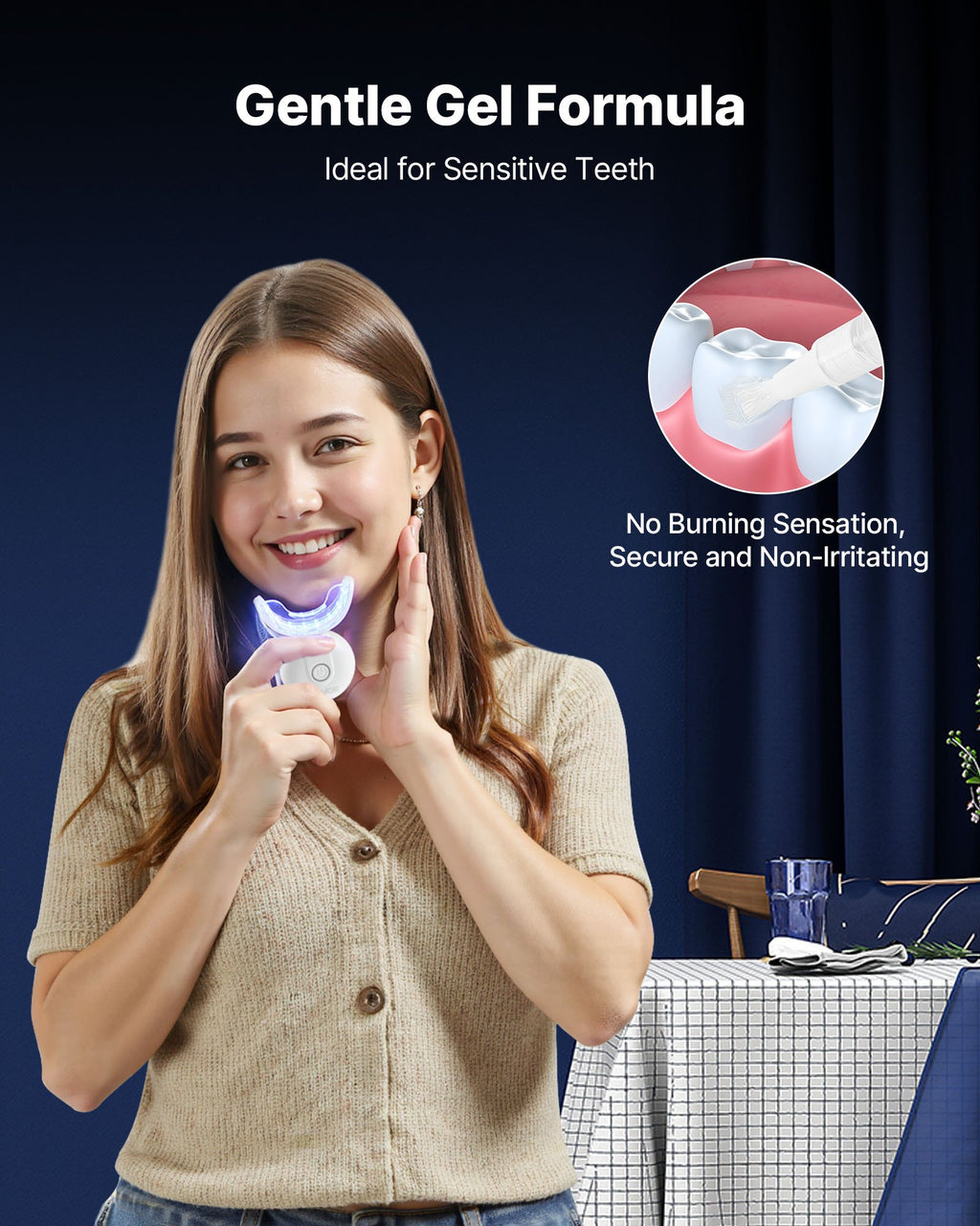 PureGlow LED teeth whitening kit with 32 accelerator lights and oral care tools on a clean white background.