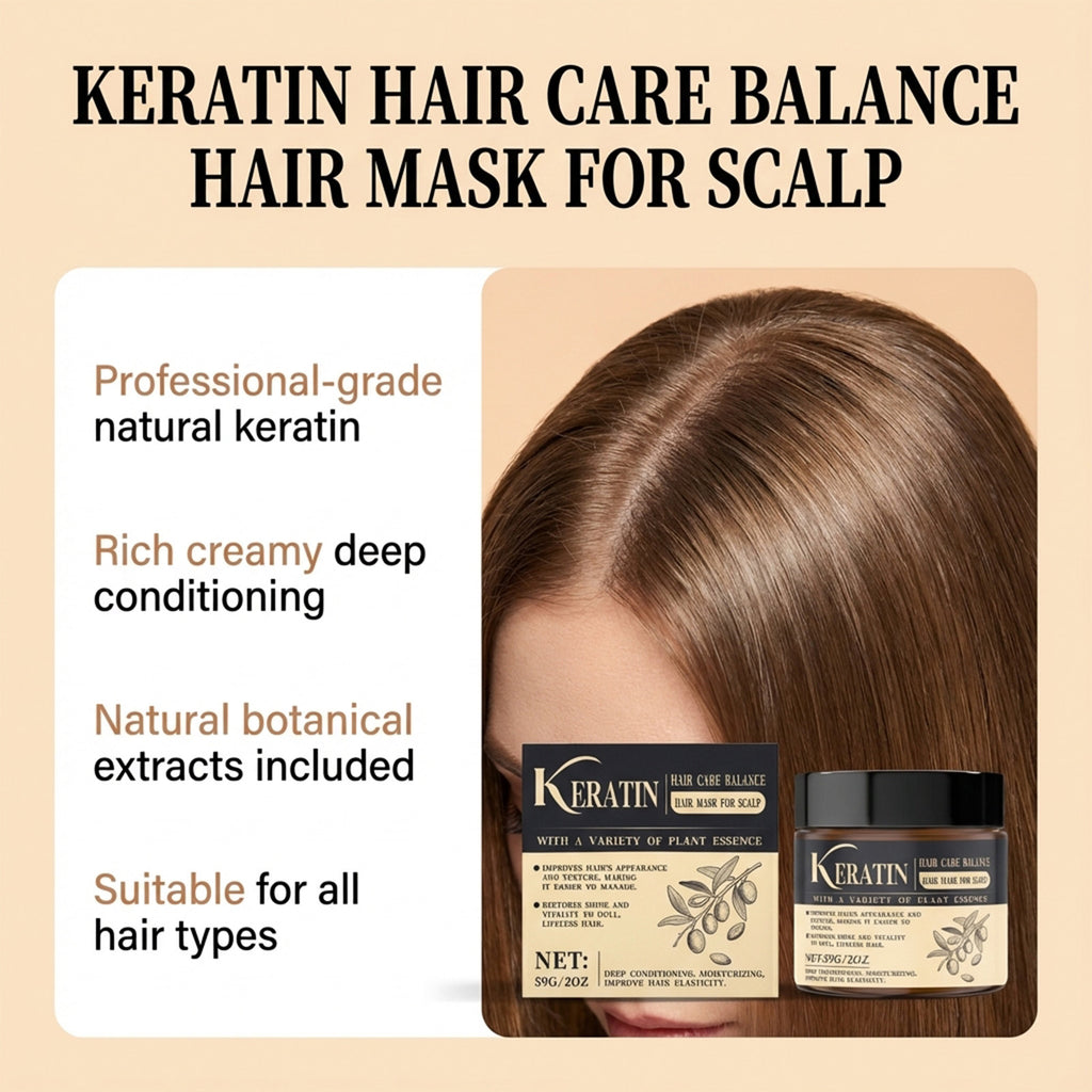 PureGlow keratin hair treatment mask for nourishing hair care, shown in a jar with smooth, shiny hair behind.
