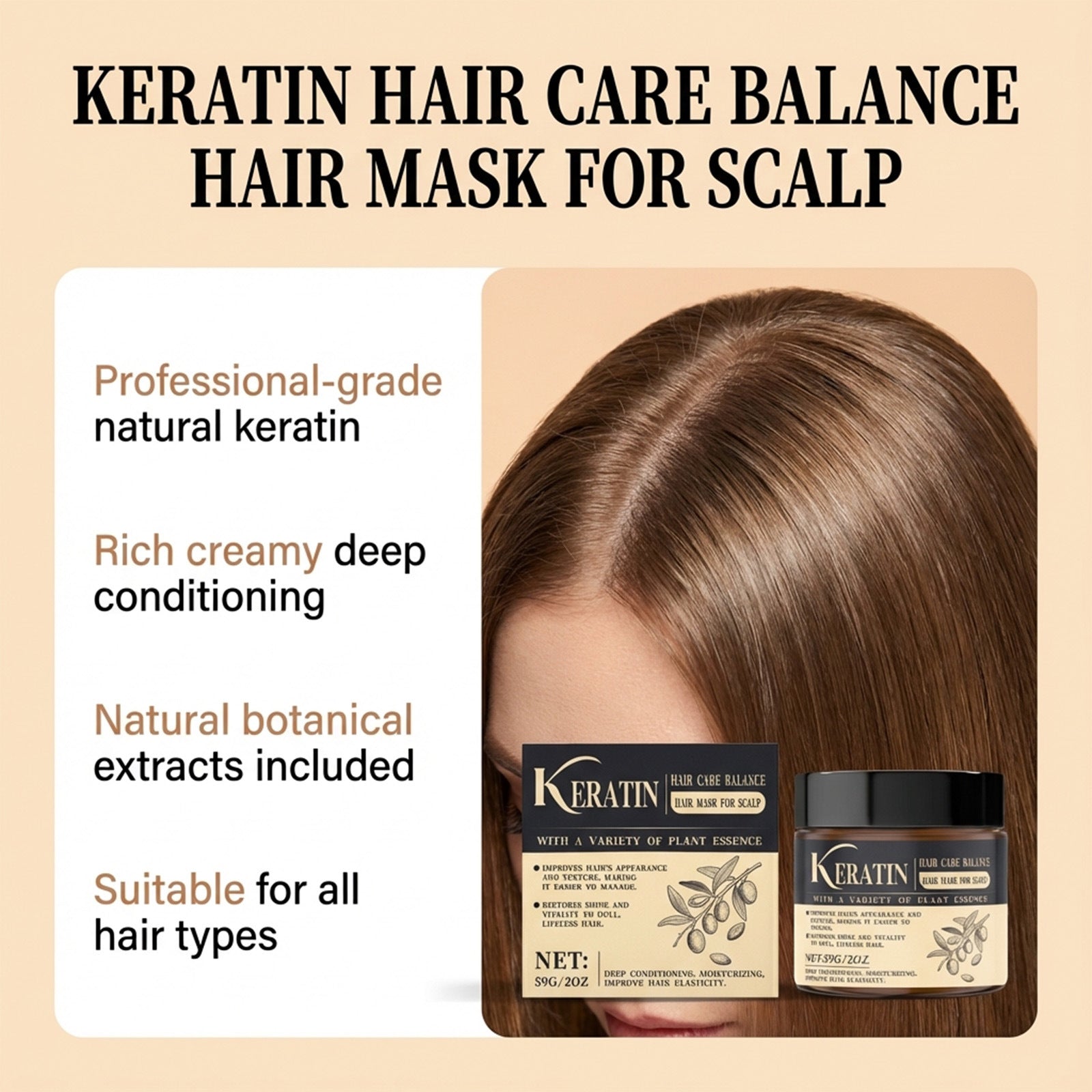PureGlow keratin hair treatment mask for nourishing hair care, shown in a jar with smooth, shiny hair behind.