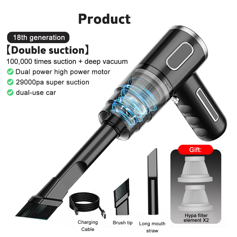 PureGlow portable car vacuum cleaner for car accessories, showing compact design and nozzle attachment for cleaning vehicle interiors.