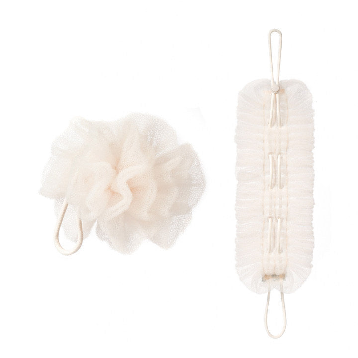 PureGlow stretchable loofah bath towel, soft exfoliating bath accessory with flexible design for gentle washing and skincare.