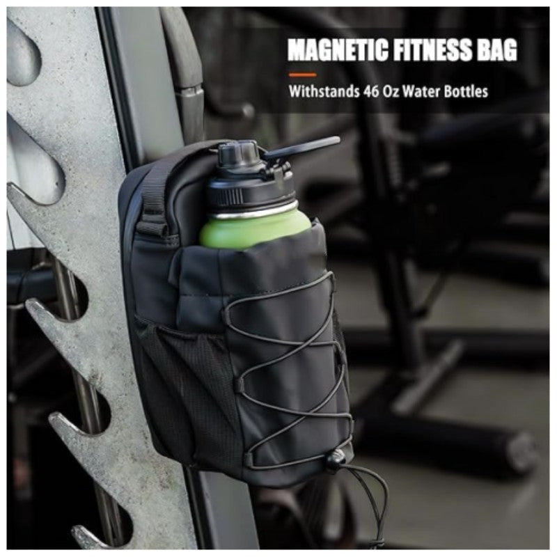 PureGlow magnetic gym water bottle bag attached to a fitness gym bag, designed for convenient hydration on the go.