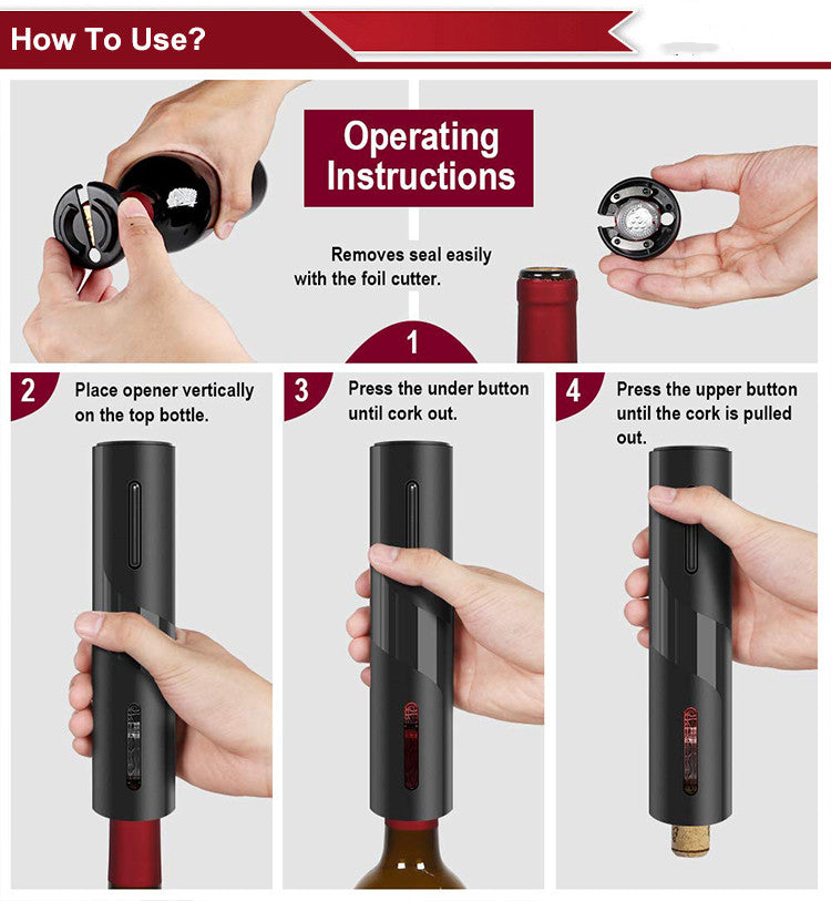 PureGlow rechargeable electric wine opener with sleek black design, showcasing its cordless, handheld bar accessory for effortless wine opening.