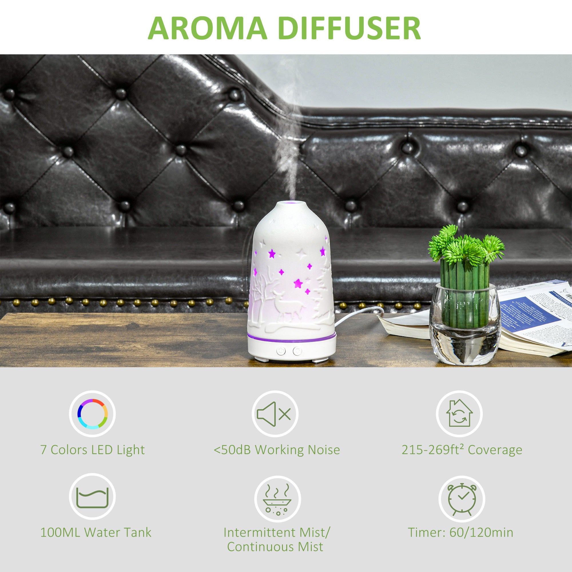 PureGlow 100ml ultrasonic aromatherapy diffuser with sleek design, emitting mist and ambient light for home relaxation.