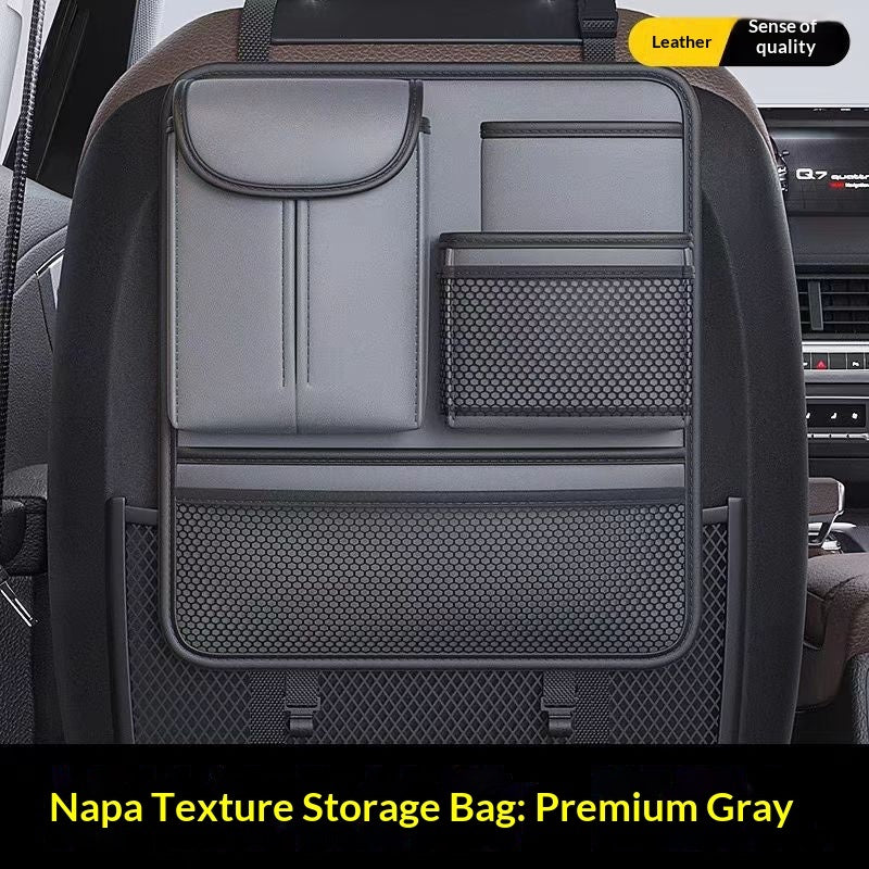PureGlow car seat organizer storage bag with multiple compartments for car accessories, mounted on a vehicle seat.