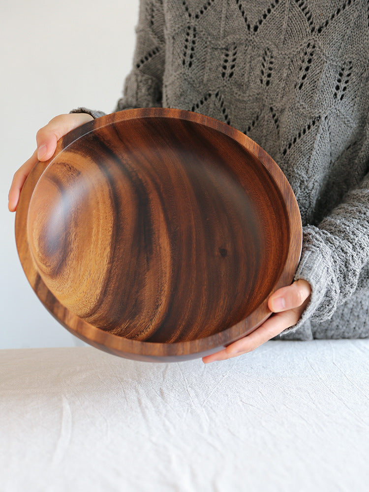 Natural wooden fruit and salad bowl by LuxeGlow Essentials, ideal for home or restaurant use, featuring a warm wooden finish.