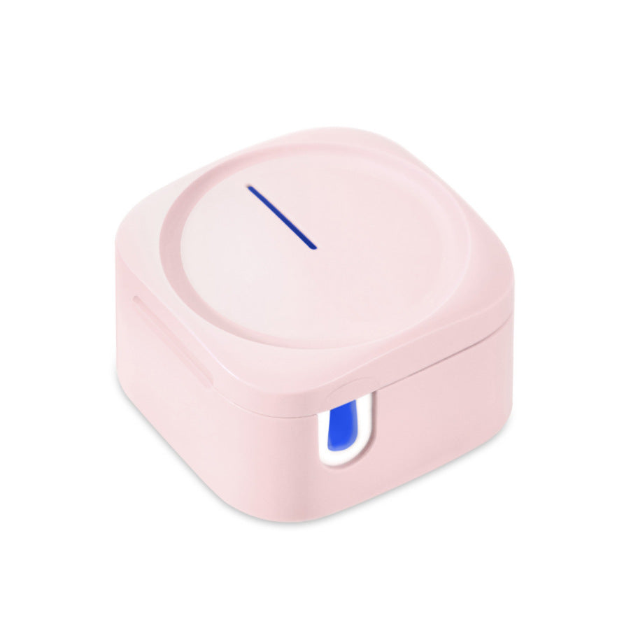 PureGlow UV toothbrush sterilizer box for oral care, showing the compact, white sterilizer with a transparent lid and digital display.