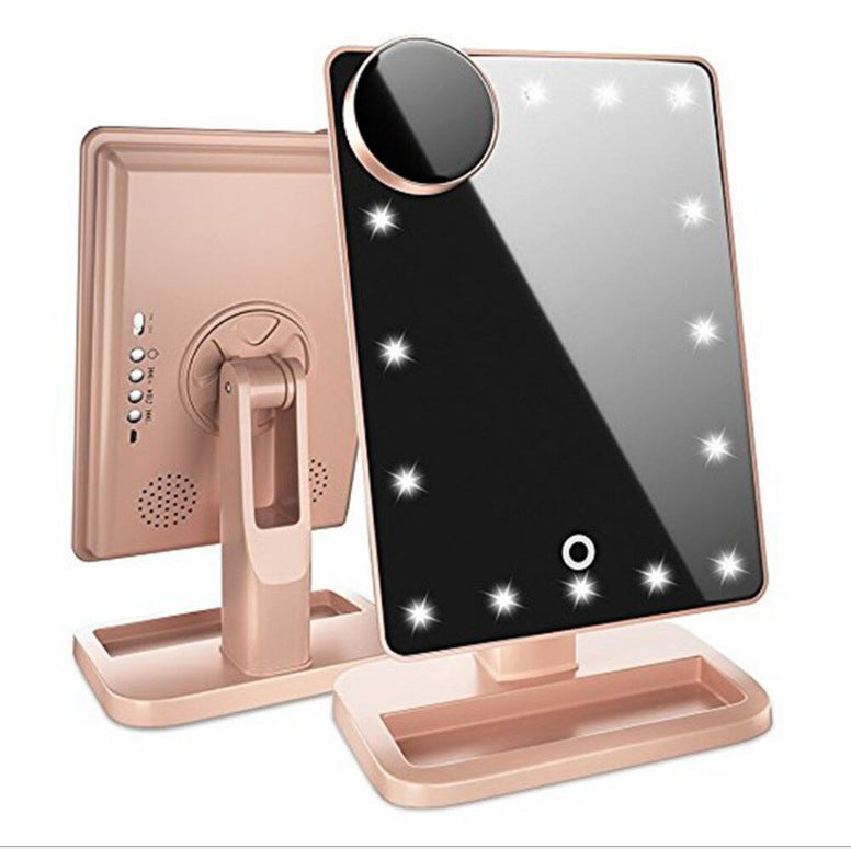 LuxeGlow Essentials touch screen makeup mirror with 20 LED lights, Bluetooth speaker, and 10x magnification in beauty and personal care.