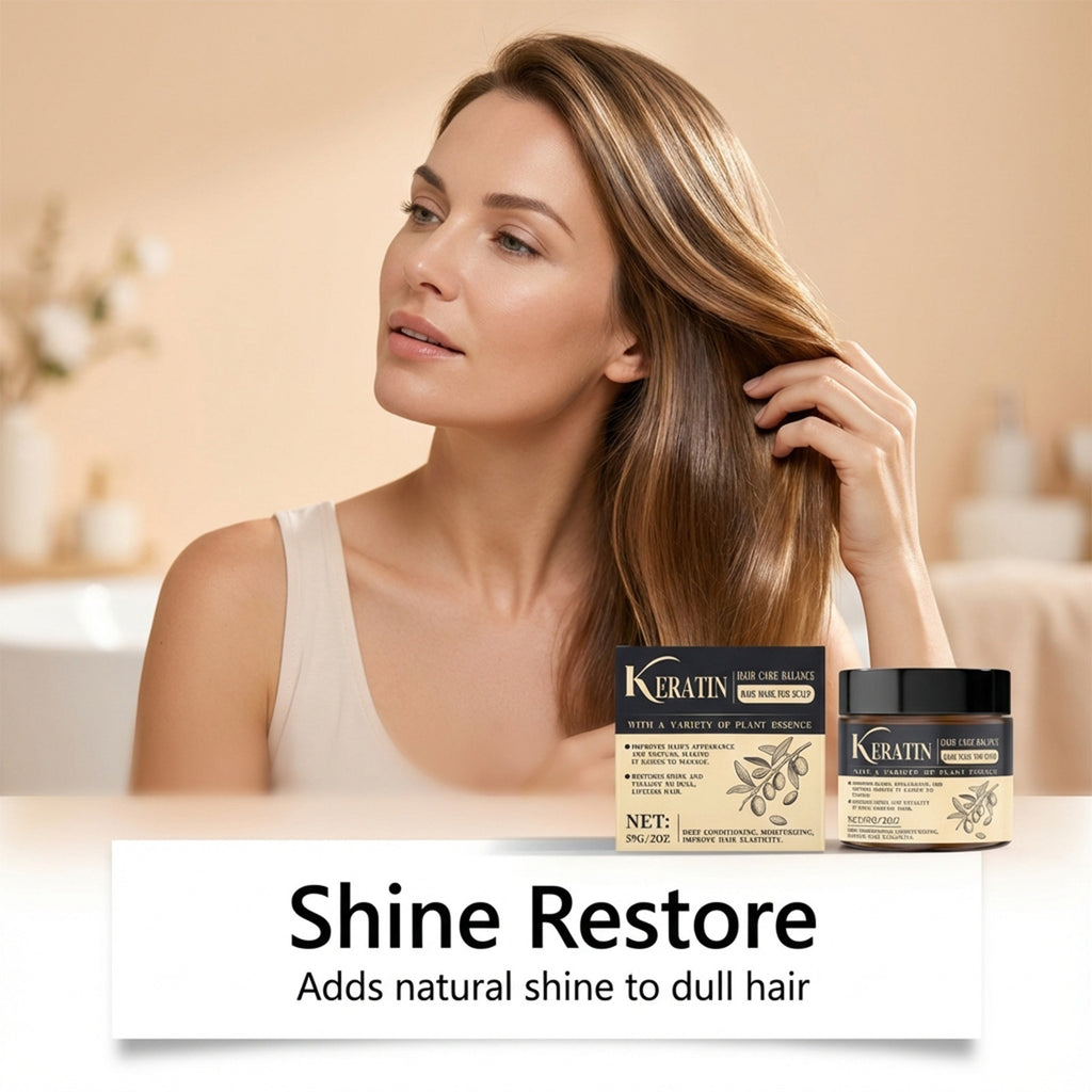 PureGlow keratin hair treatment mask in a jar, smooth and nourishing hair care product with creamy texture and packaging.