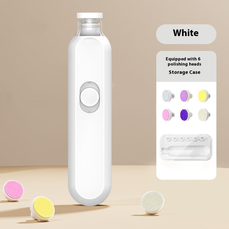 PureGlow electric baby nail trimmer for gentle baby care, showing a compact, handheld device with a protective cap and soft grinding head.