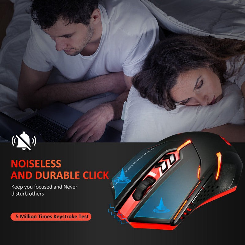 Wireless mouse with silent click feature, luminous accents, and ergonomic design by PureGlow for comfortable baby care use.