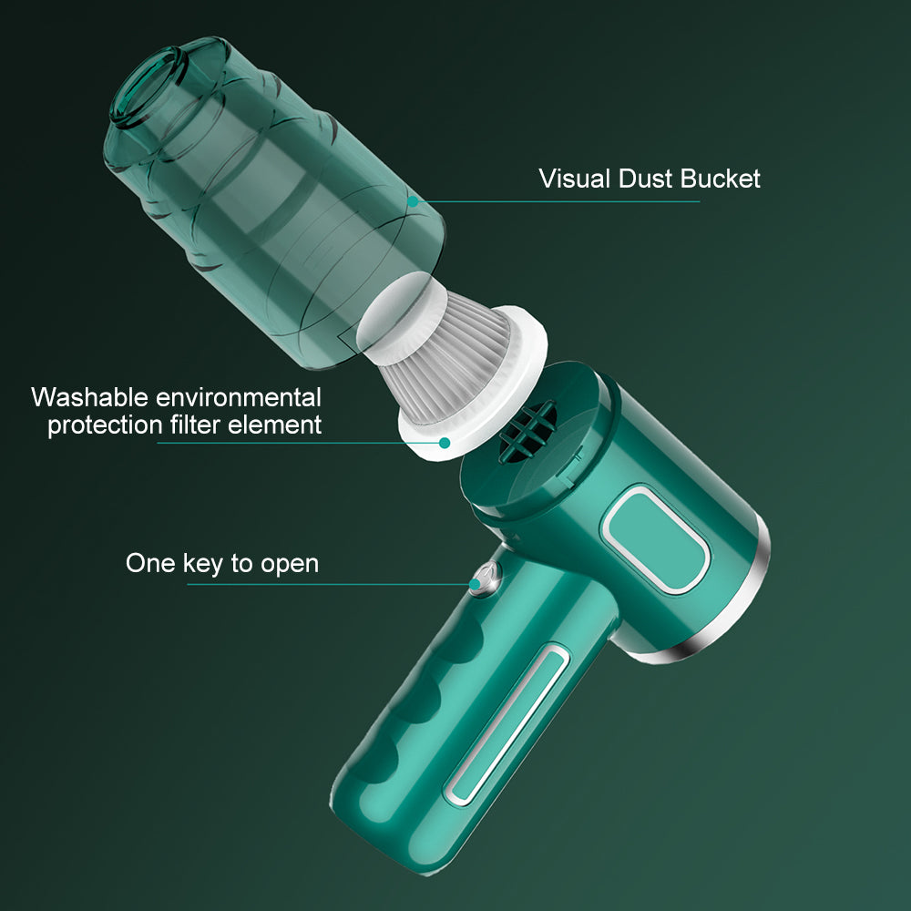 PureGlow portable car vacuum cleaner for car accessories, shown with a compact design and hose attachment for cleaning vehicle interiors.