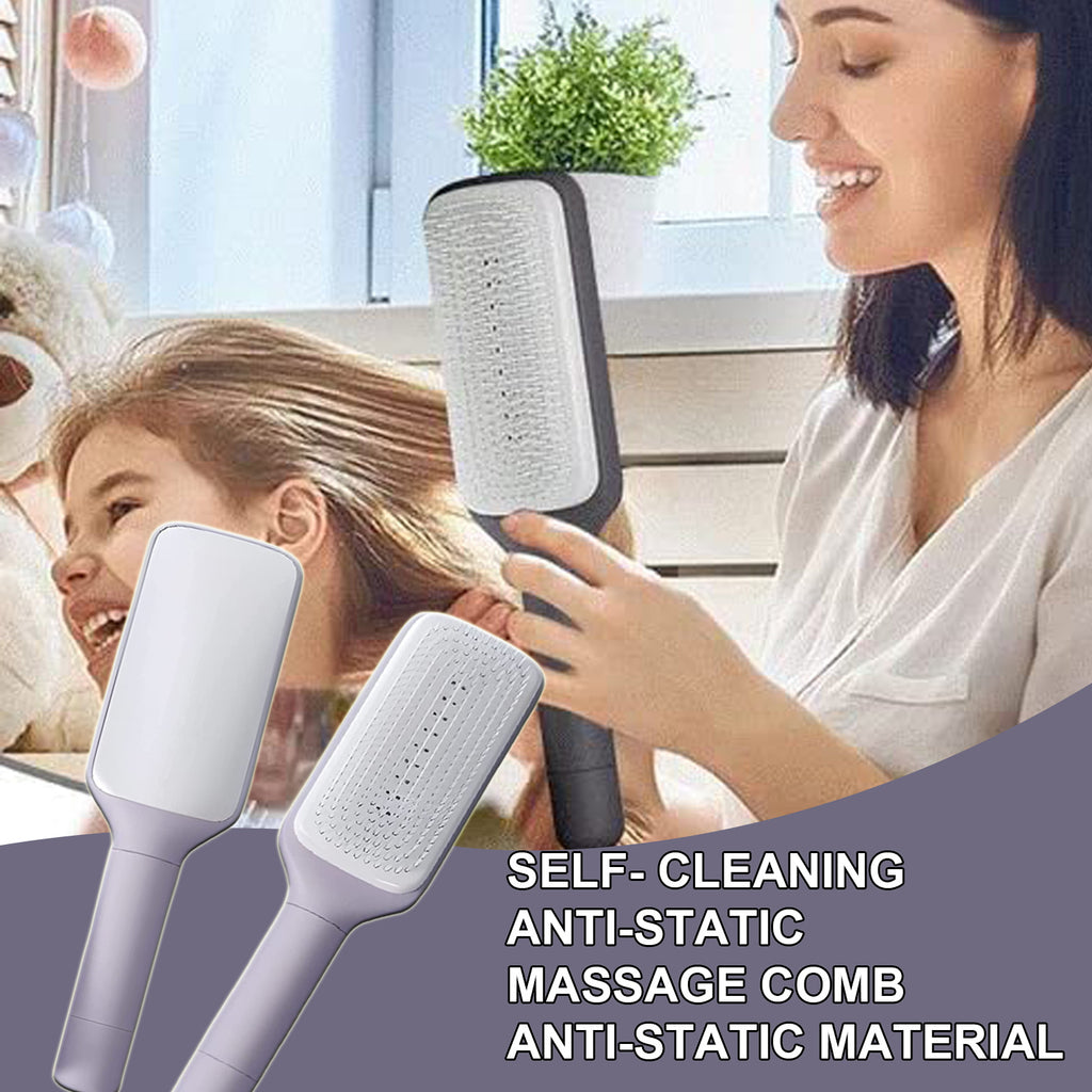 PureGlow self-cleaning 4-in-1 hair brush with ergonomic handle and flexible bristles, designed for detangling and styling hair.