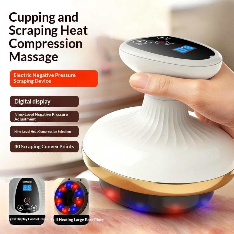 LuxeGlow Essentials electric Gua Sha board and cupping device for facial and body massage, with ergonomic handle and textured surface.